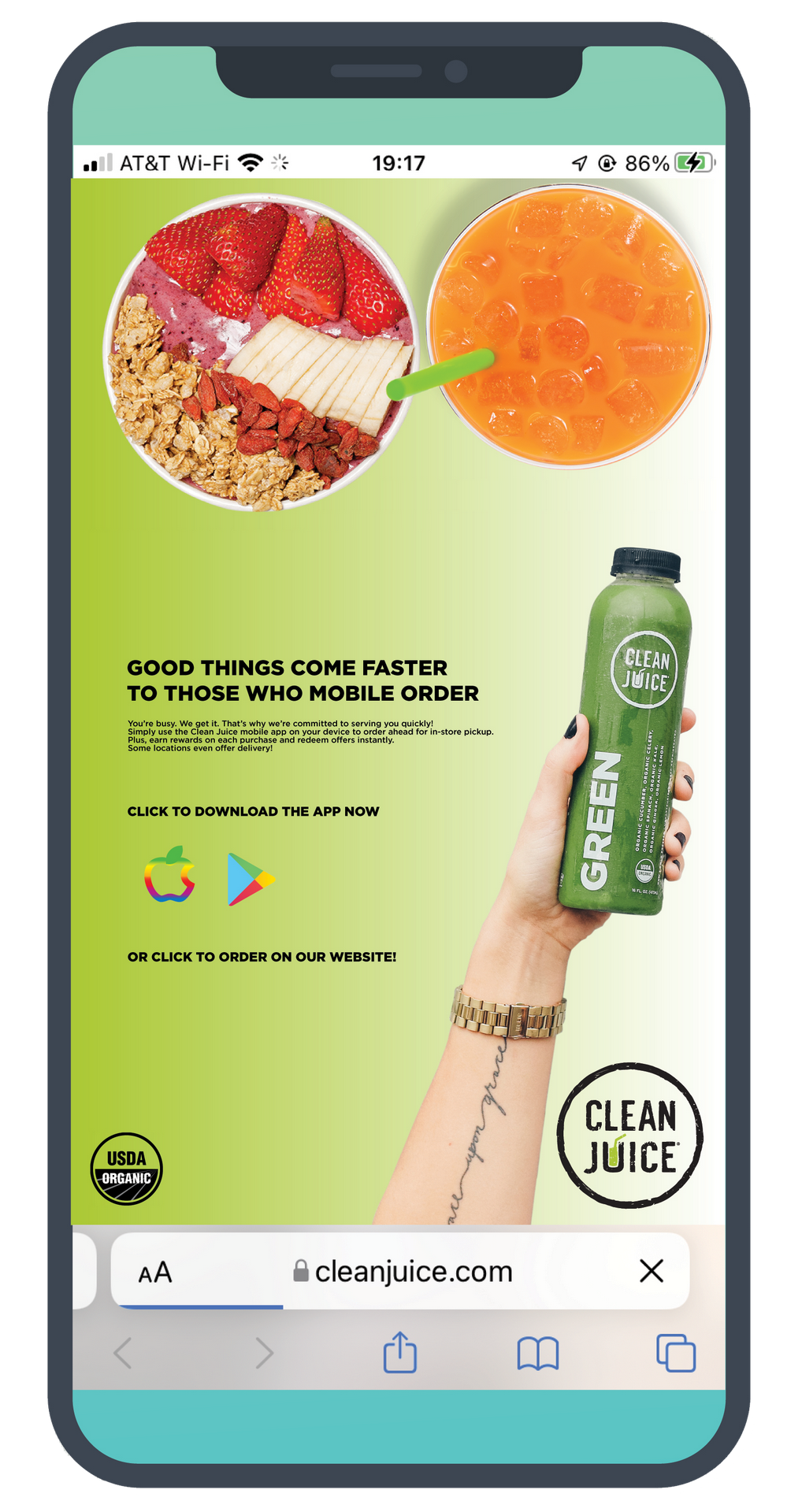 Clean Juice Mobile Website Pop-Up - iPhone Mockup